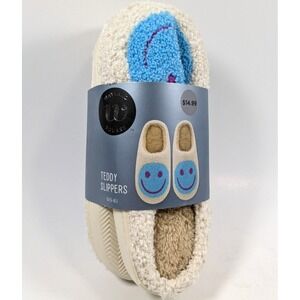 Wayland Square Smiley Face Teddy Slippers Women's Size Small (5-6) Blue & White
